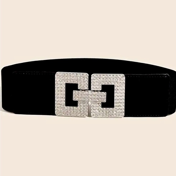 RHINESTONE GEOMETRIC BUCKLE WIDE BELT CLASSIC BLACK COLOR ELASTIC SIZE LARGE - Picture 5 of 6